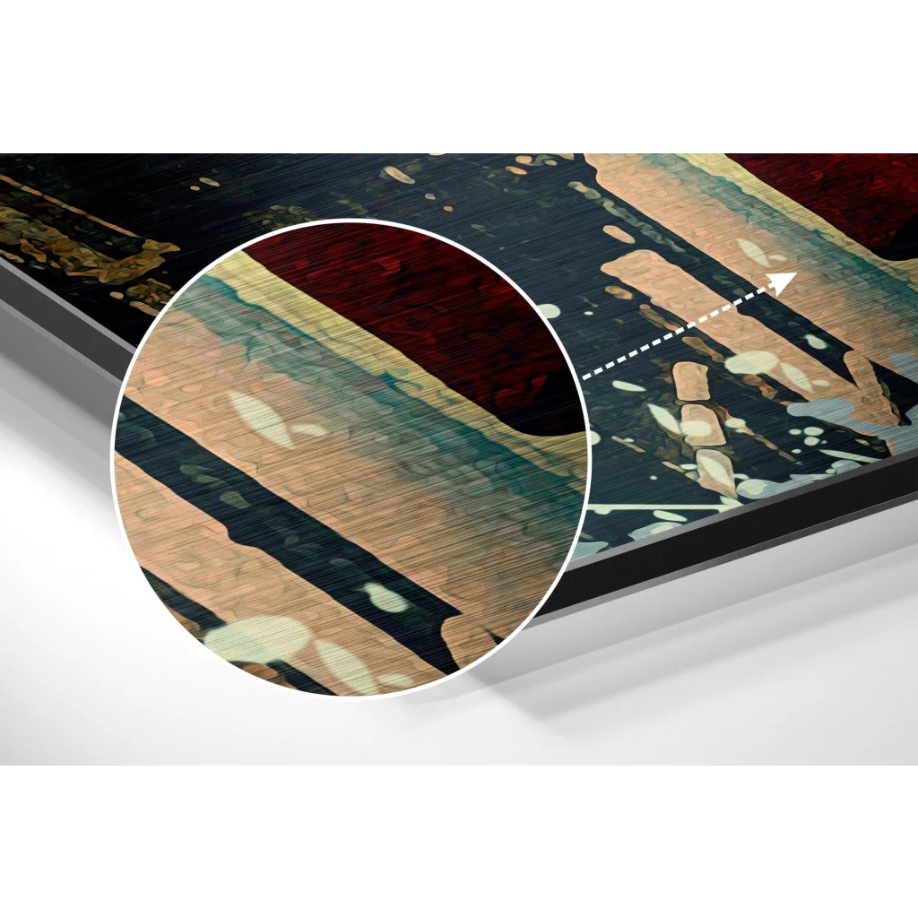 Brushed aluminium dibond print of abstract art with bold red, teal, beige stripes