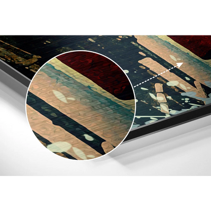 Brushed aluminium dibond print of abstract art with bold red, teal, beige stripes