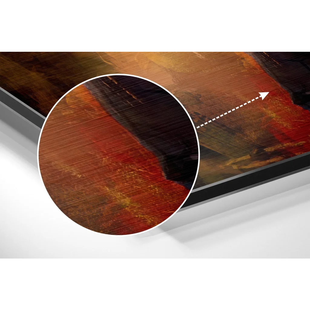 Fiery abstract Joker art on brushed aluminium dibond with red, brown, gold textures