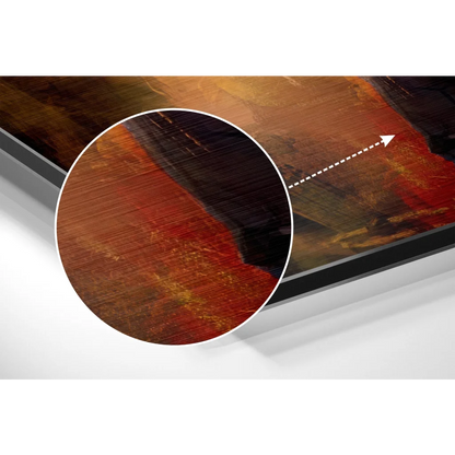 Fiery abstract Joker art on brushed aluminium dibond with red, brown, gold textures