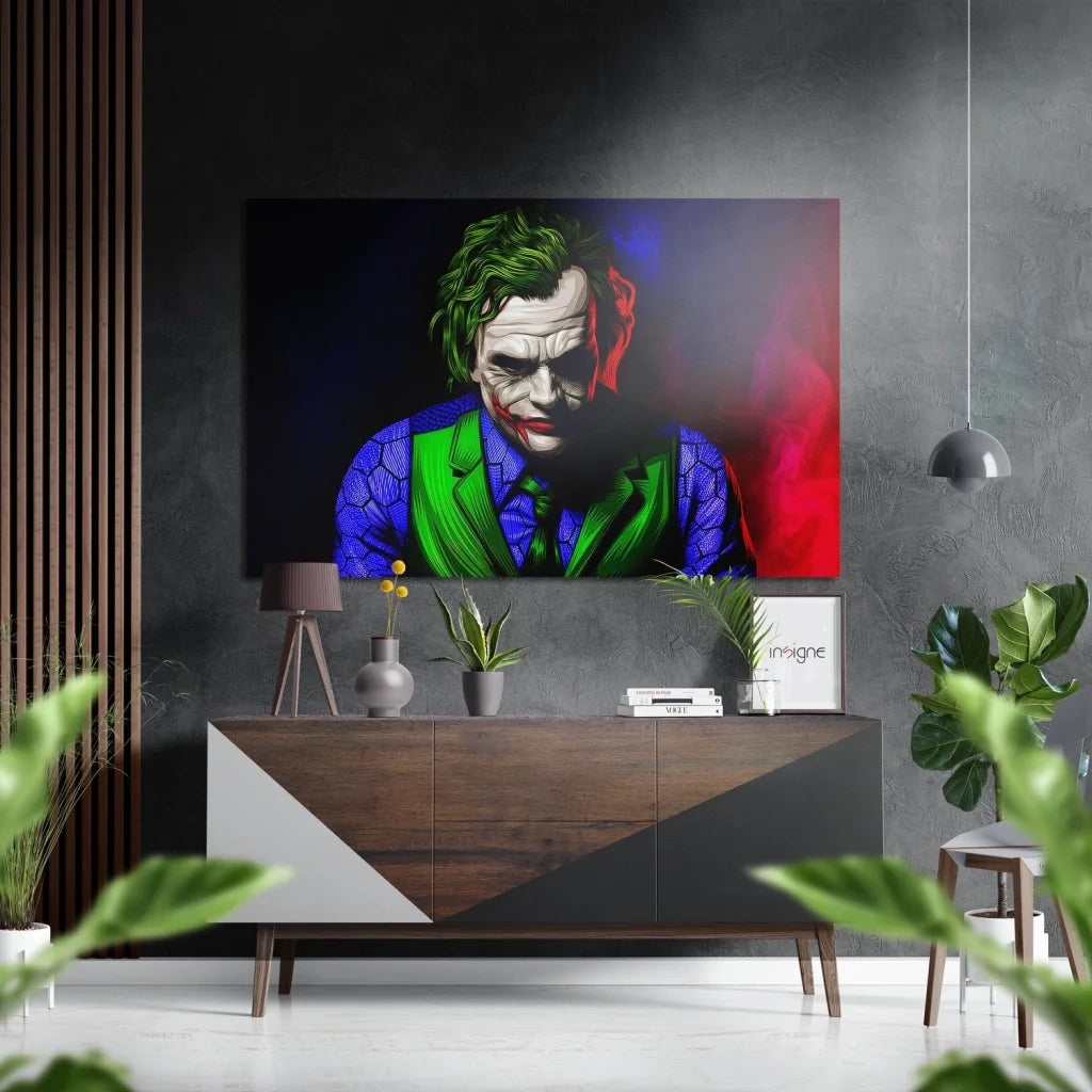 Vibrant Joker portrait on brushed aluminium dibond panel