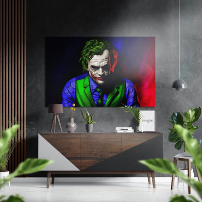 Vibrant Joker portrait on brushed aluminium dibond panel