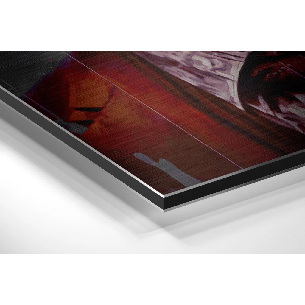 Sleek brushed aluminium dibond print in rich reds and deep purples