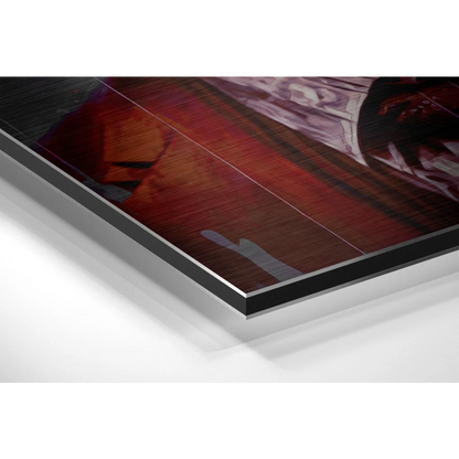 Sleek brushed aluminium dibond print in rich reds and deep purples