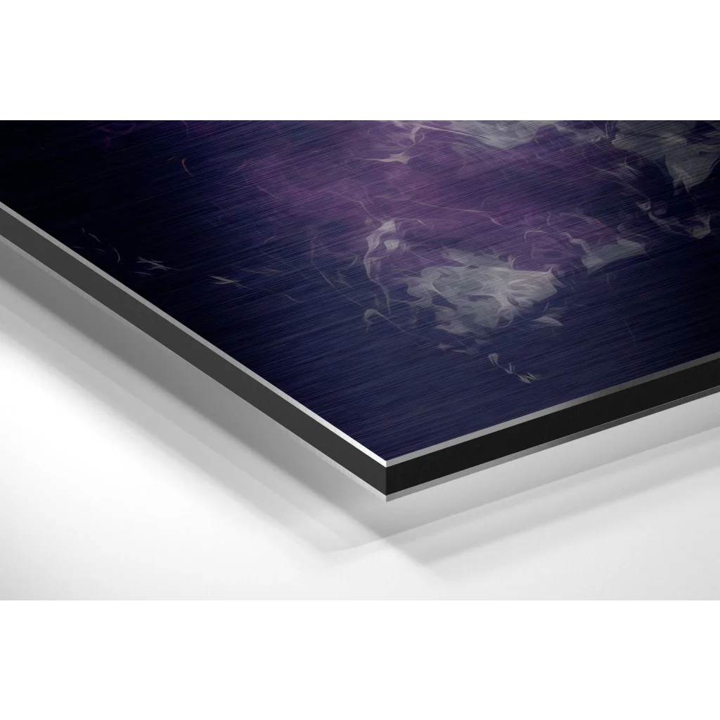Sleek brushed aluminium dibond print of cosmic purples and blues
