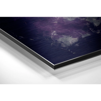 Sleek brushed aluminium dibond print of cosmic purples and blues