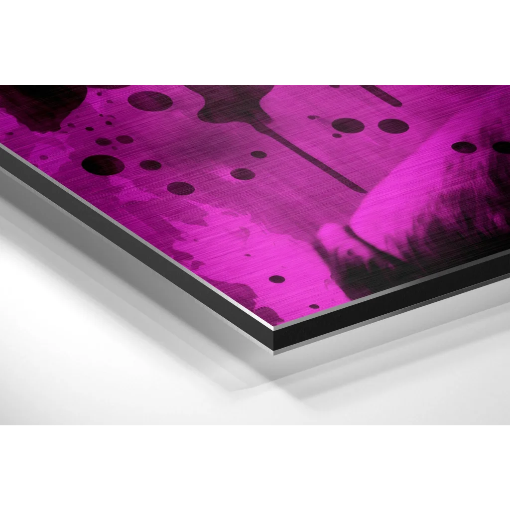 Vibrant magenta and black abstract art on brushed aluminium dibond canvas