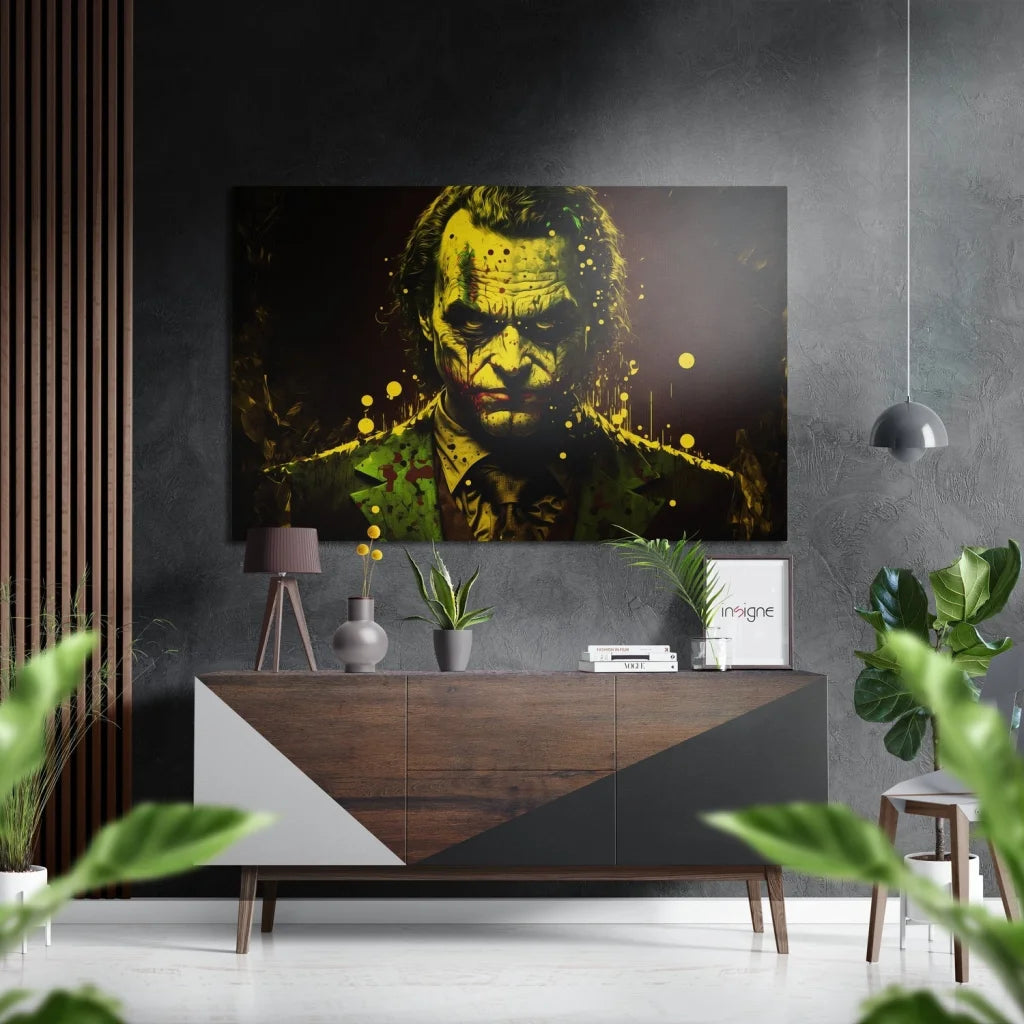Striking yellow black Joker portrait on brushed aluminium dibond print