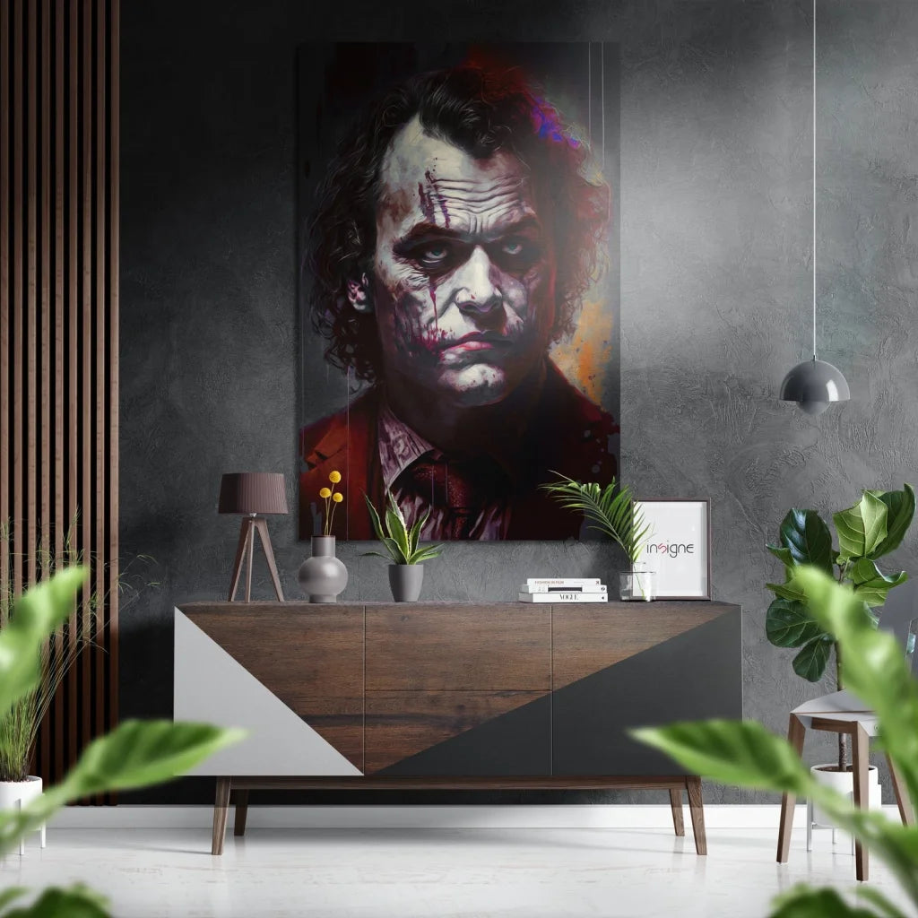Striking Joker on brushed aluminium dibond print with vibrant reds and purples