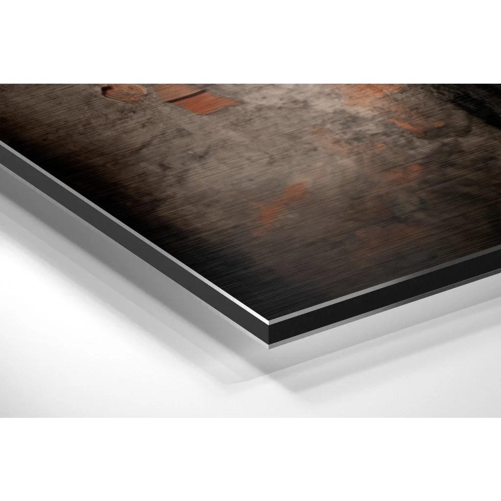 Glass Wall Art Sleek brushed aluminium dibond wall art print in rust tones