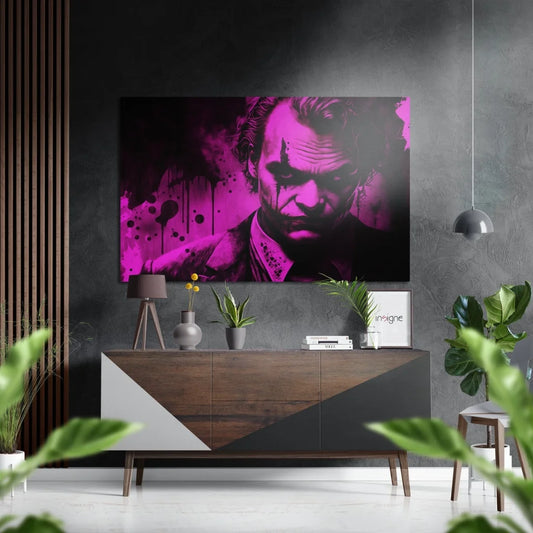 Vibrant magenta Joker brushed aluminium dibond wall art on gray wall