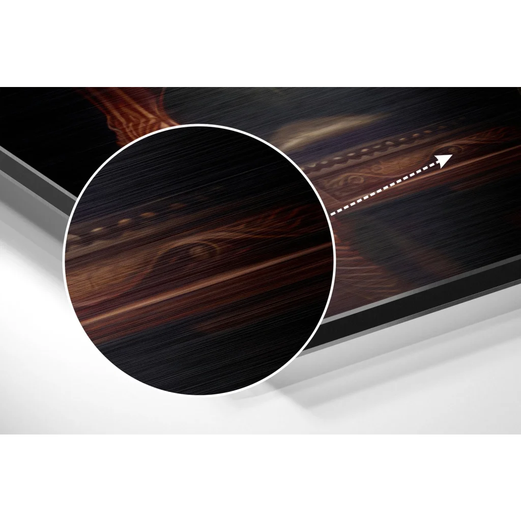 Stunning brushed aluminium dibond art print in dark wood-grain frame with embossed borders