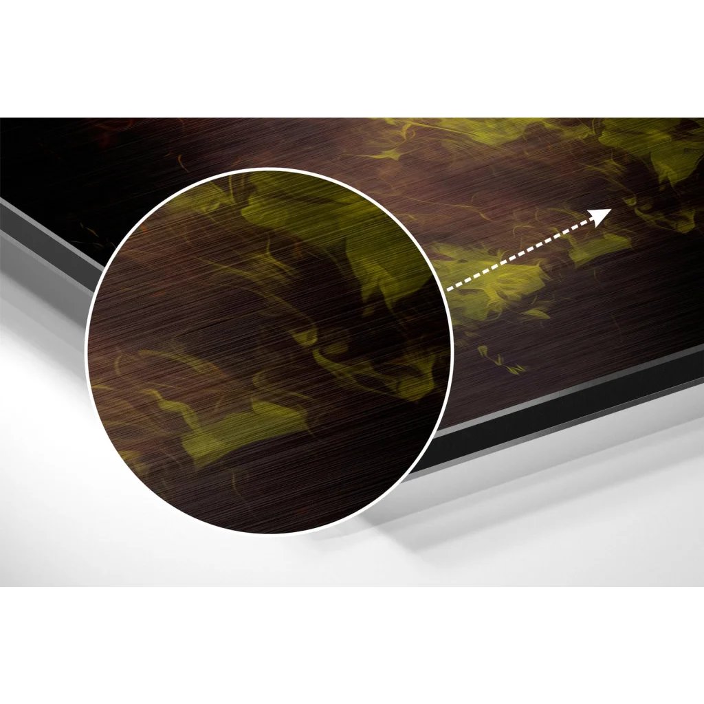 glass wall art Joker abstract art on brushed aluminium dibond with dark wood-grain and yellow-green swirls