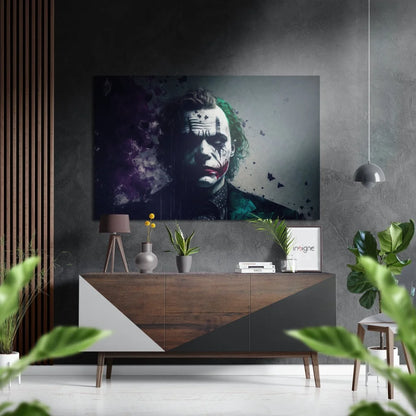 Joker art print on brushed aluminium dibond above wooden console