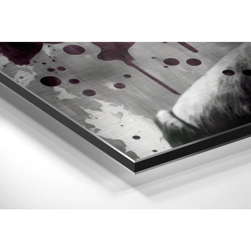 Brushed aluminium dibond art with metallic gray splatter