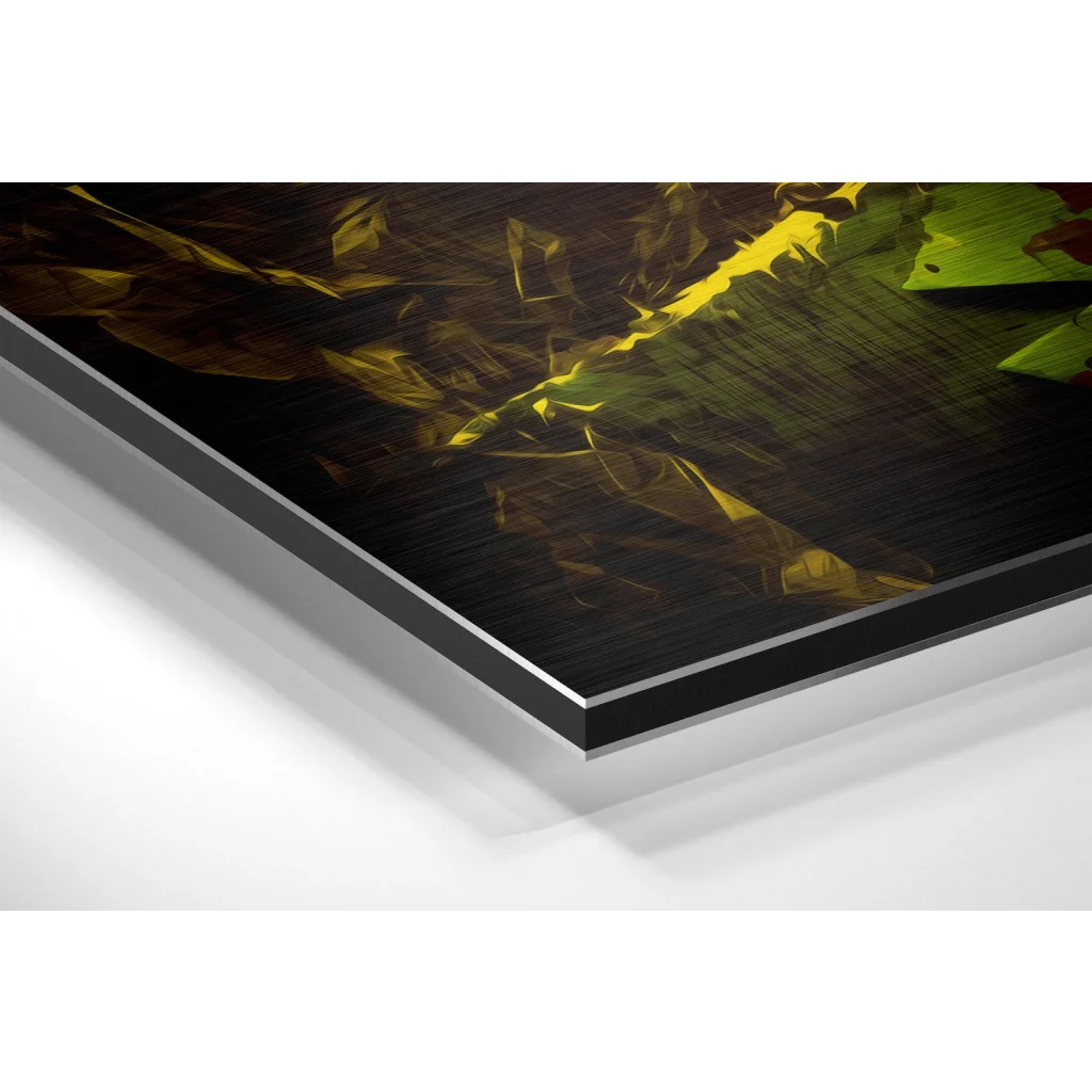 Black-framed abstract art on brushed aluminium dibond with yellow green strokes