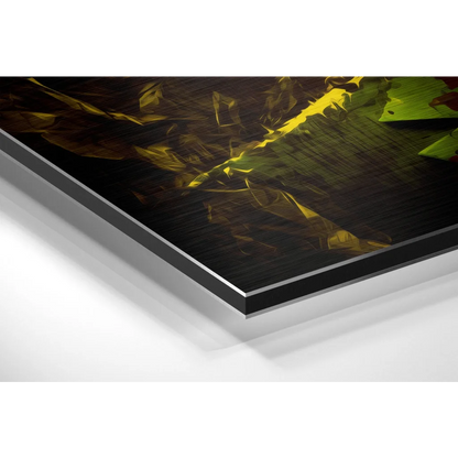 Black-framed abstract art on brushed aluminium dibond with yellow green strokes