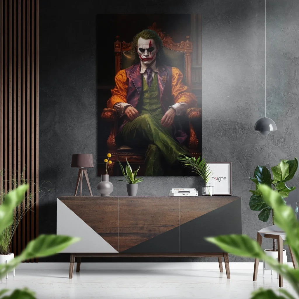Vibrant Joker portrait in regal orange green suit on brushed aluminium dibond print