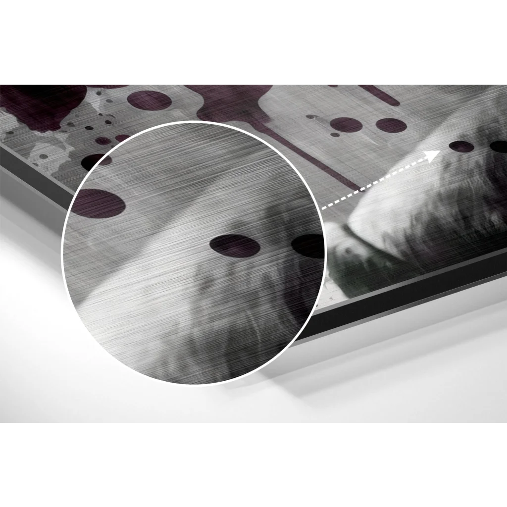 Brushed aluminium dibond art with metallic maroon splatters