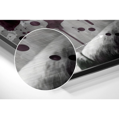 Brushed aluminium dibond art with metallic maroon splatters