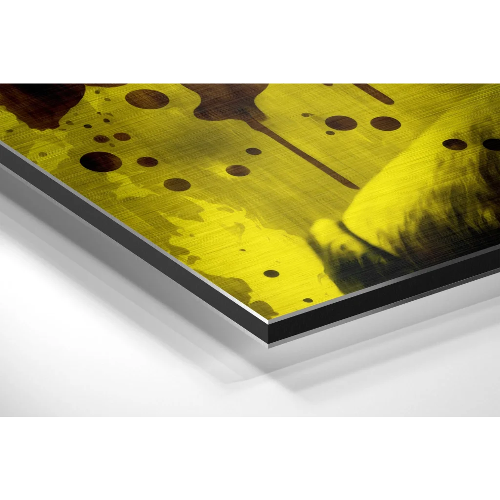 Glass Wall Art Vibrant yellow cheese art on brushed aluminium dibond with brown splatters