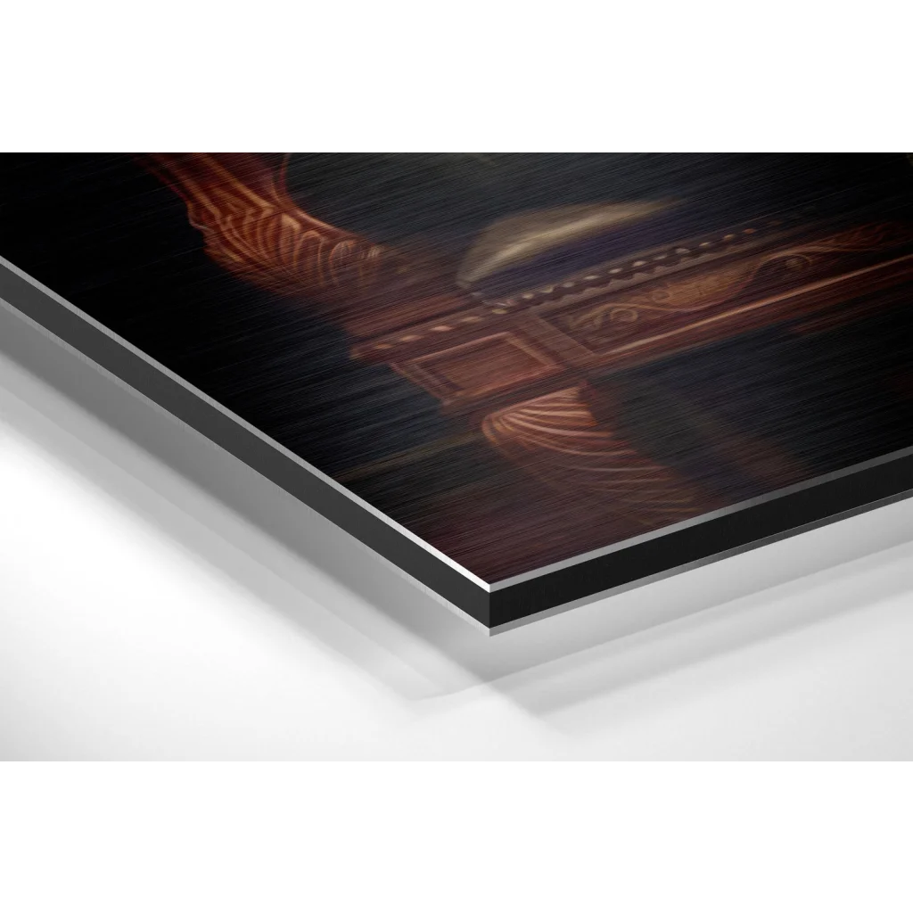 Sleek black acrylic print of ornate wooden chair on brushed aluminium dibond