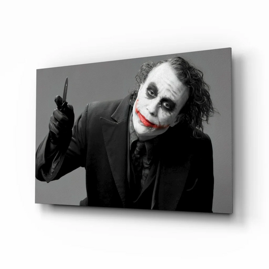 Joker wall art plaque with knife, red lips, suit on black white background