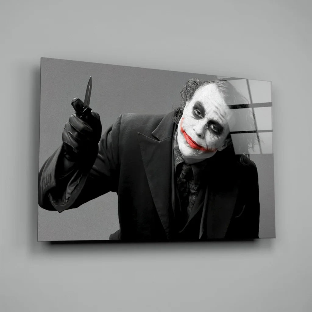 Joker canvas wall art print with knife and bold red lips