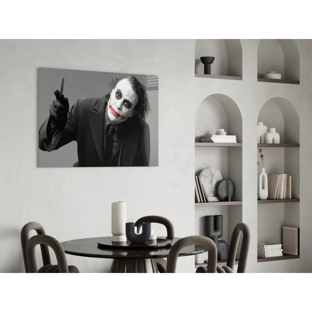 Joker canvas wall art with knife, red lips, black and white background