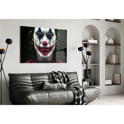 Sinister Joker clown face canvas wall art print with blue red makeup