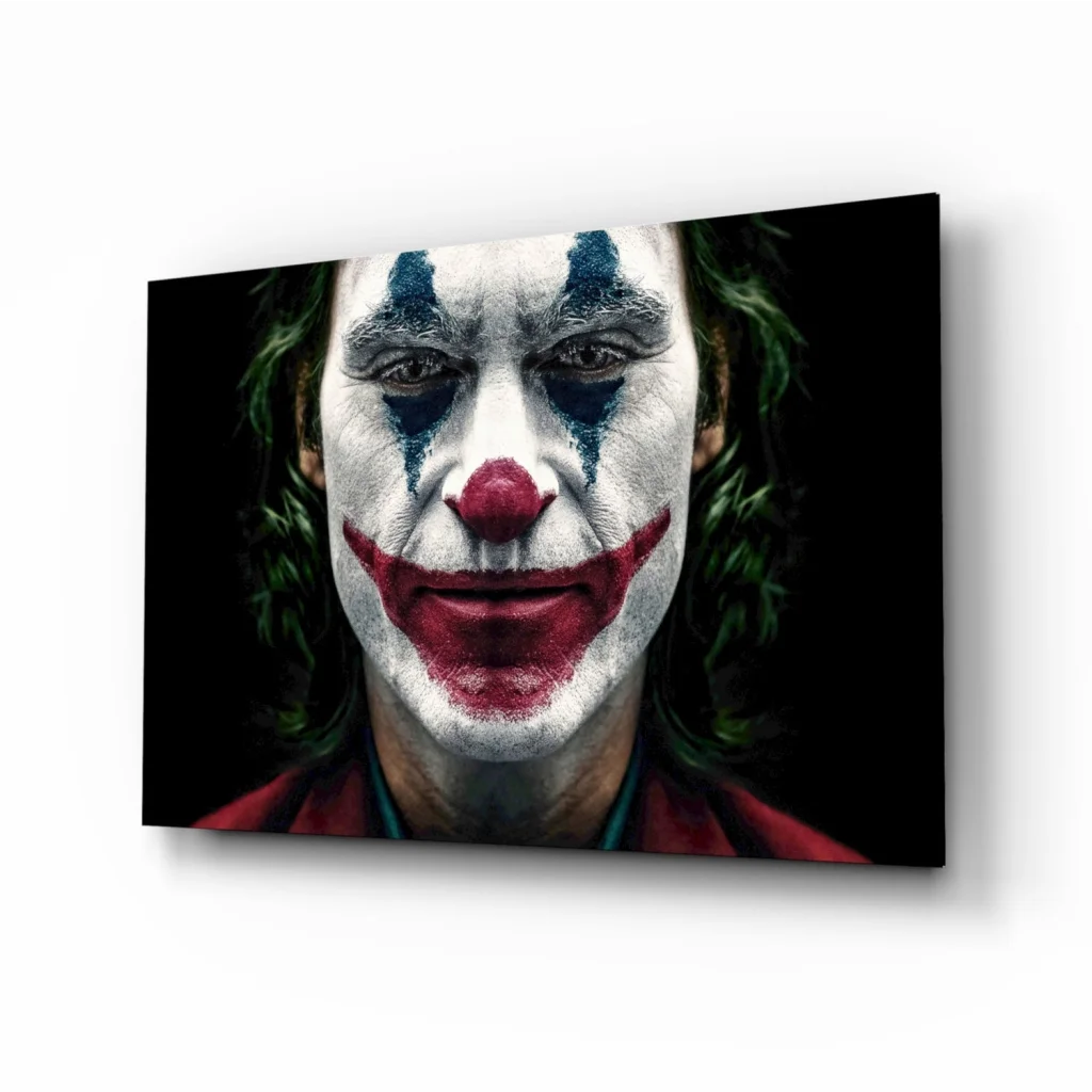 Joker clown face canvas wall art print with red lips and blue makeup