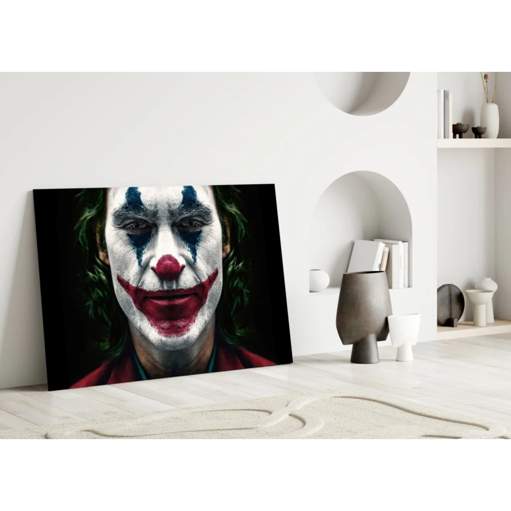 Joker clown face canvas wall art print with red lips on white wall