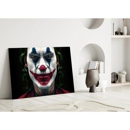 Joker clown face canvas wall art print with red lips on white wall