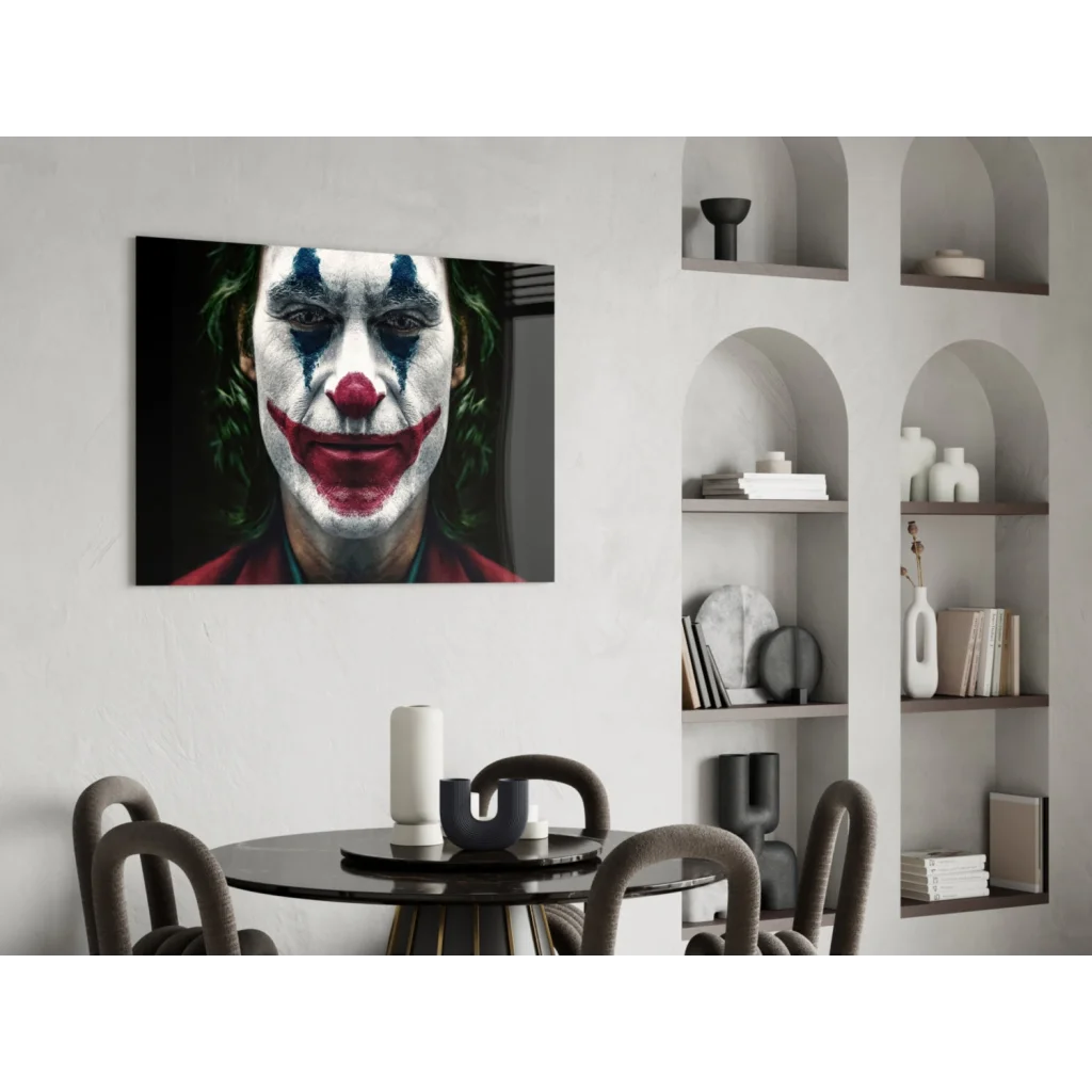 Joker clown face canvas wall art print with red white makeup on black background