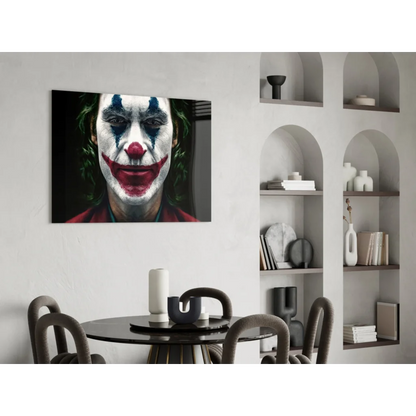 Joker clown face canvas wall art print with red white makeup on black background