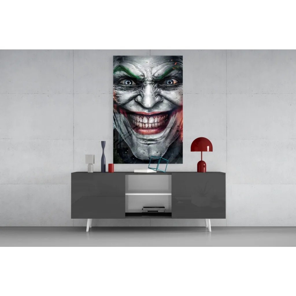 Joker face glass wall art in black-and-white with green and red accents