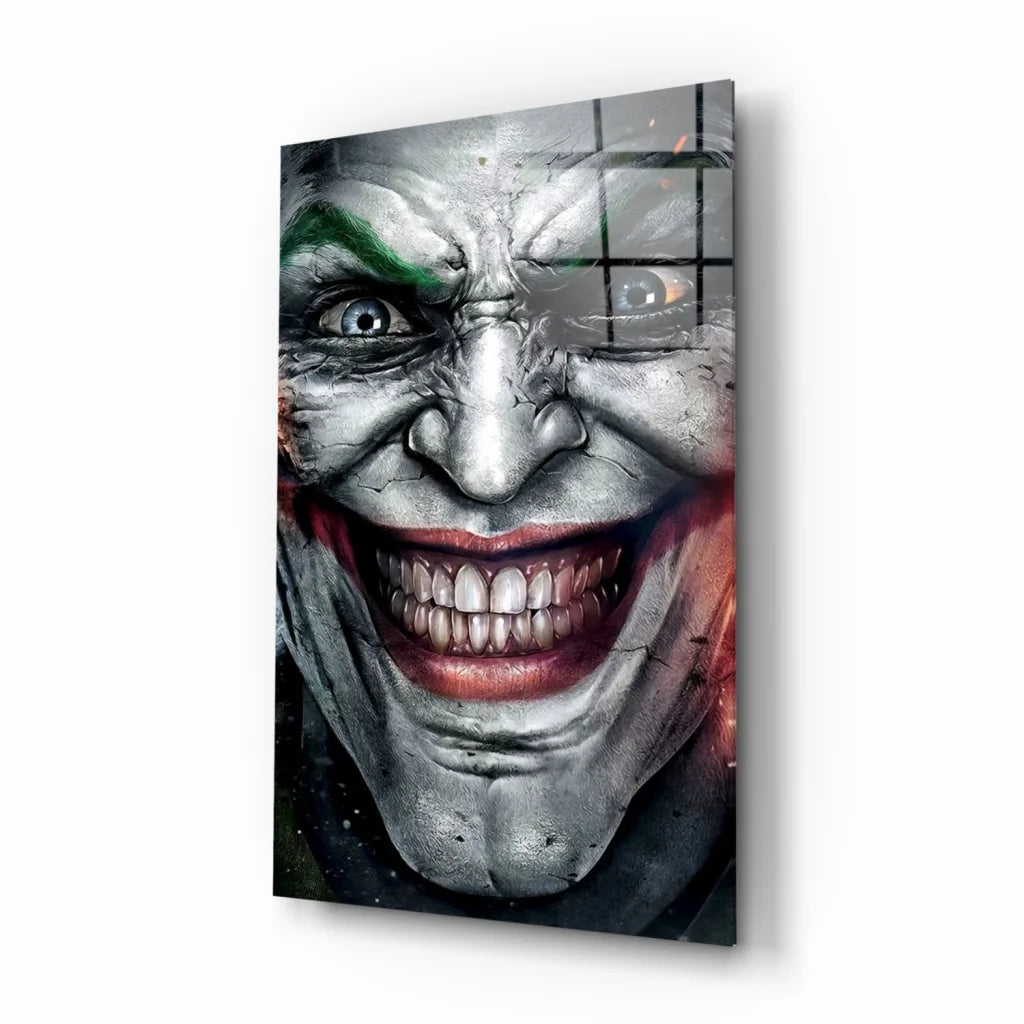 Joker face glass wall art with vivid green and red details