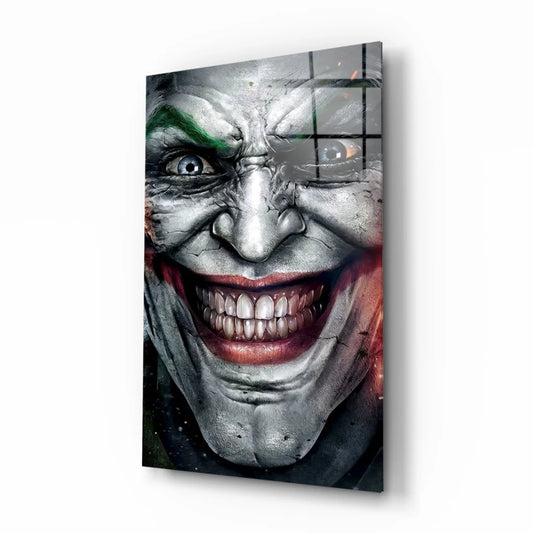 Joker face glass wall art with vivid green and red details