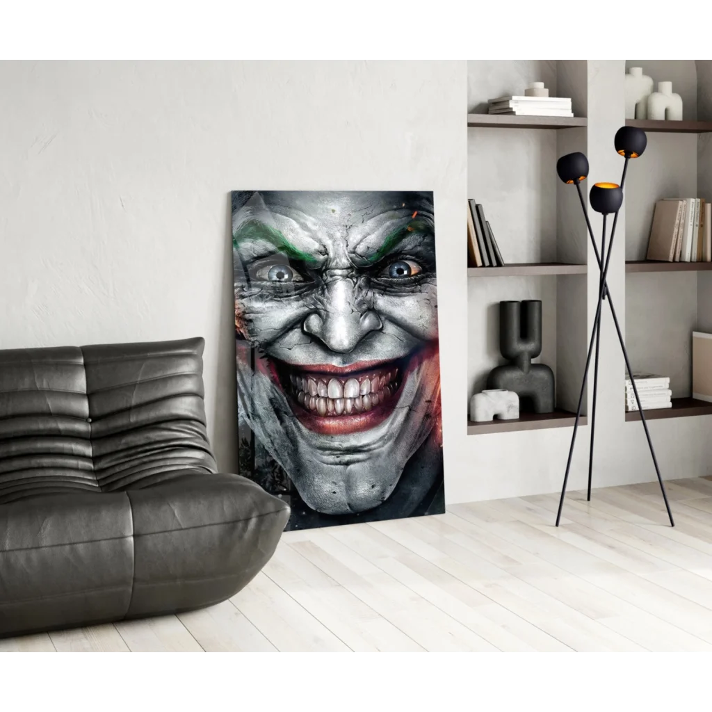 Striking Joker face glass wall art with vivid green and red details