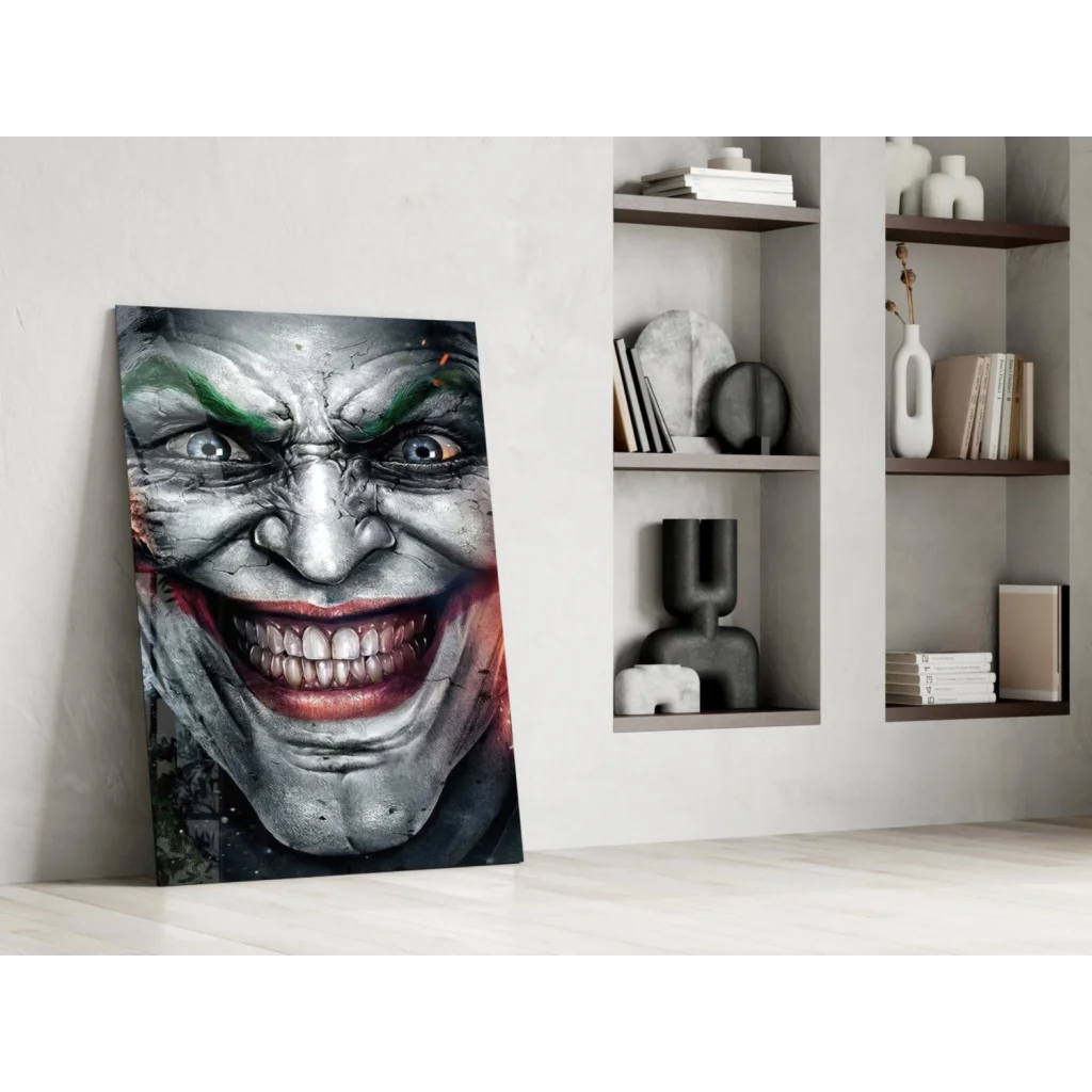 Striking Joker face glass wall art with vivid green eyeshadow and red lips