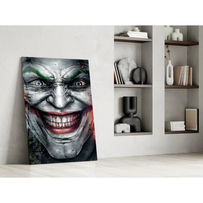 Striking Joker face glass wall art with vivid green eyeshadow and red lips