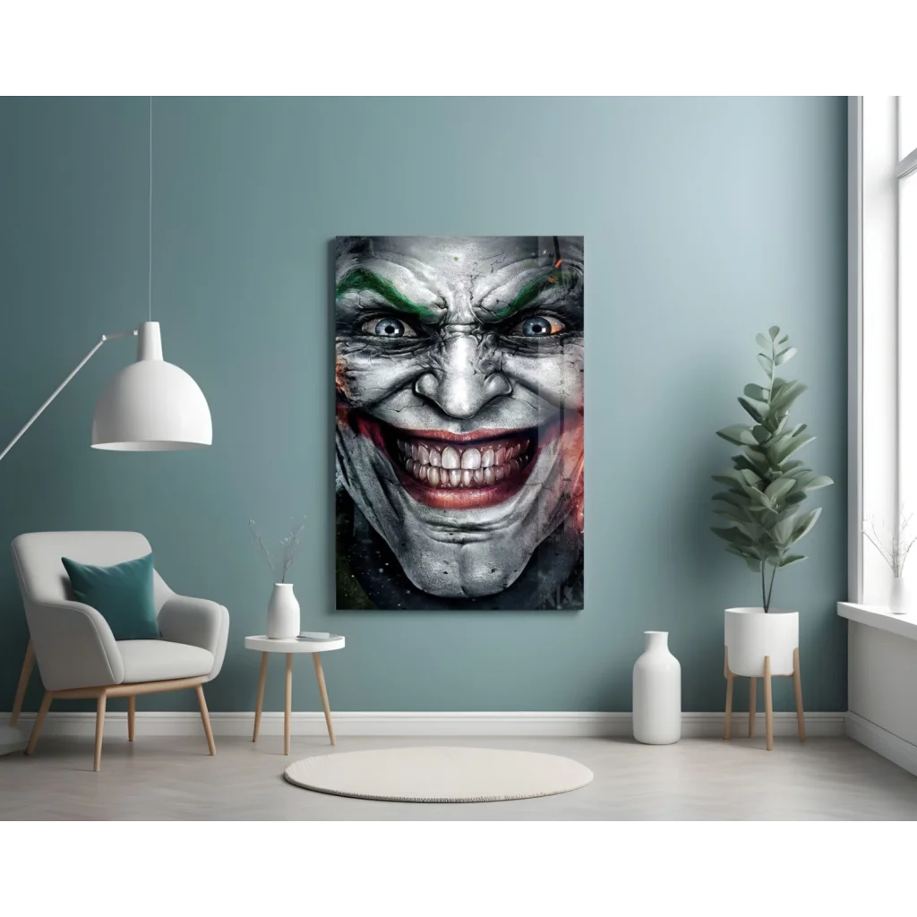 Striking Joker Face Glass Wall Art with Vivid Green and Red Details