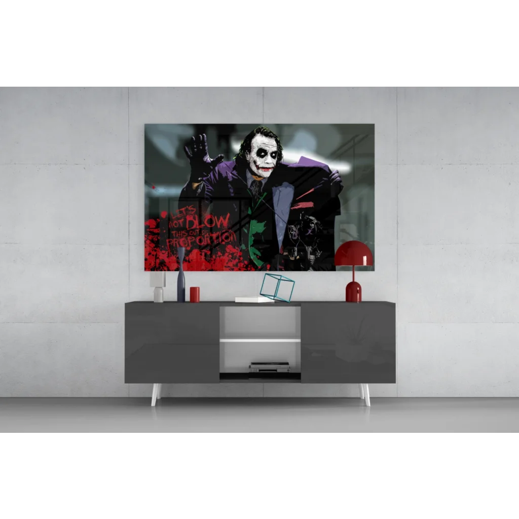 Striking Joker wall art poster in purple coat with red graffiti text