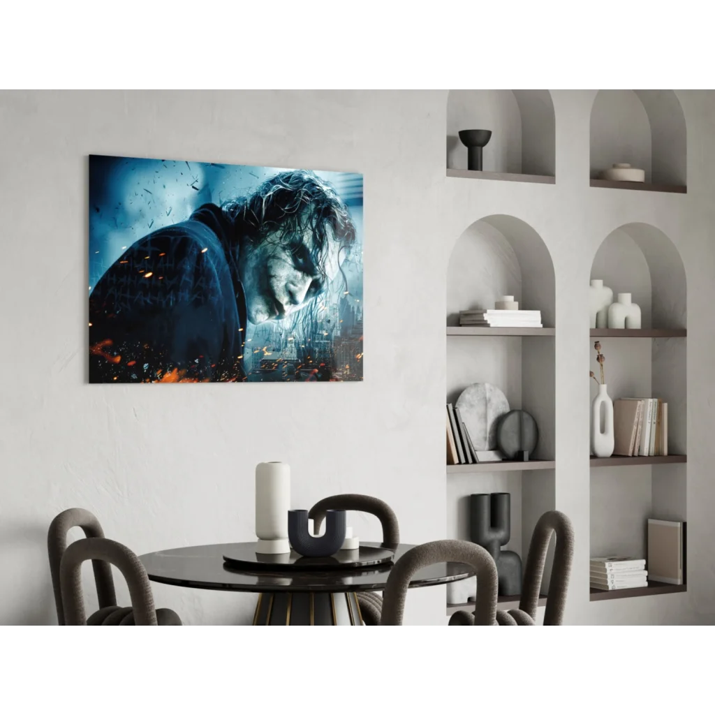 Joker Dark Knight canvas wall art with fiery blue orange glow and distressed expression