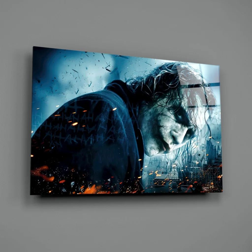 Joker Dark Knight Canvas Wall Art with Fiery Blue Orange Glow | Glass Wall Art Print | vintageantiquesgifts.com