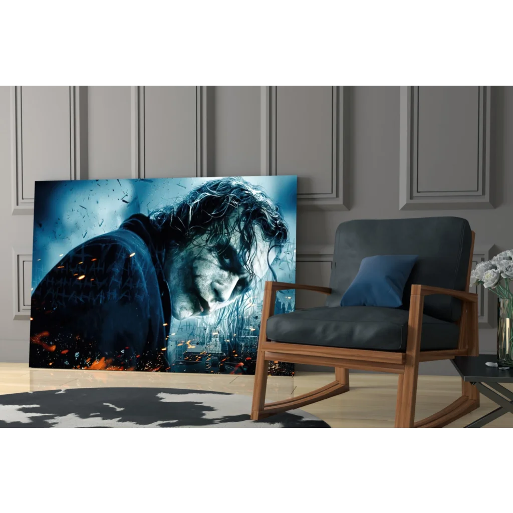 Joker Dark Knight canvas wall art with fiery blue orange glow