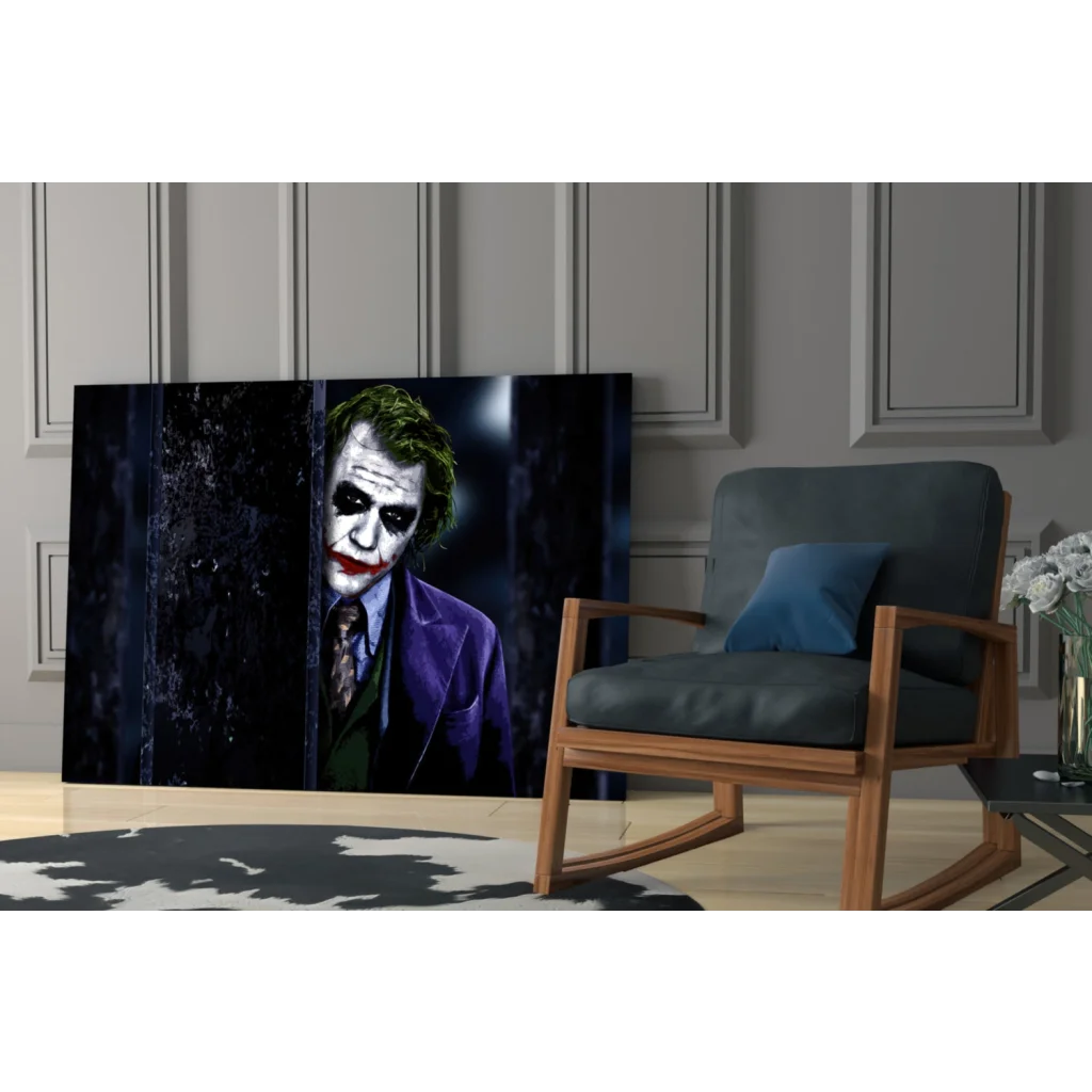 Vibrant Joker canvas wall art with purple suit and green hair