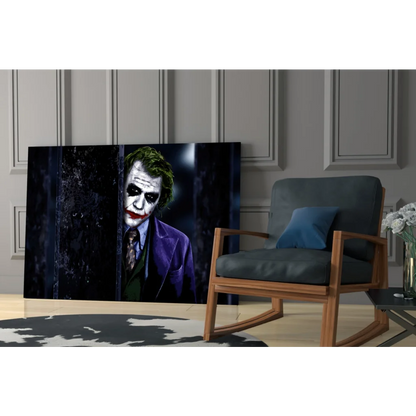 Vibrant Joker canvas wall art with purple suit and green hair