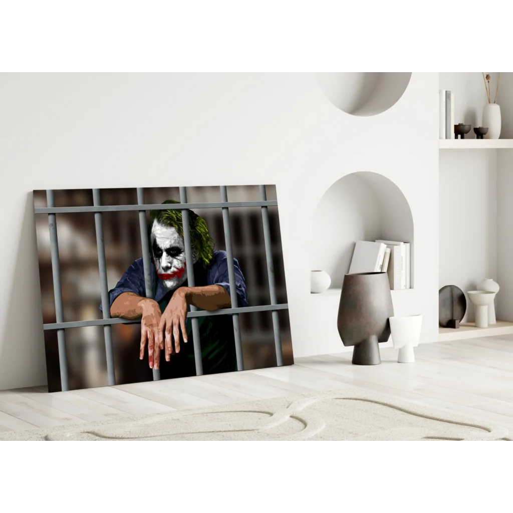 Joker behind bars canvas wall art print with green hair and white paint