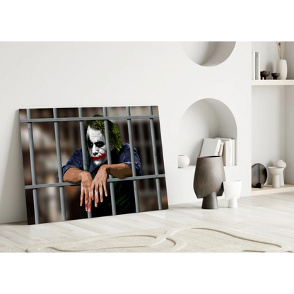 Joker behind bars canvas wall art print with green hair and white paint